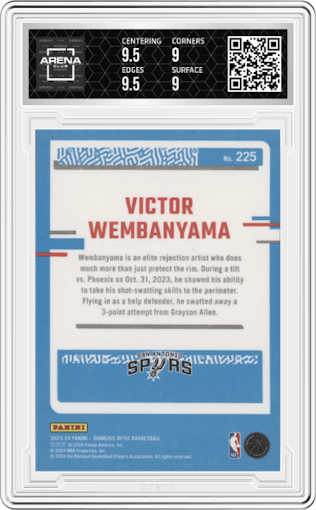 Victor Wembanyama from the 2023-24 Donruss Optic set graded by Arena Club and given an overall grade of 9.5.