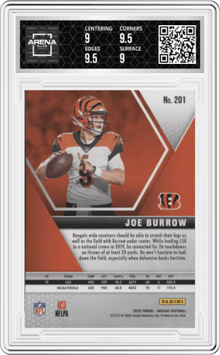 Joe Burrow from the 2020 Panini Mosaic set graded by Arena Club and given an overall grade of 9.5.