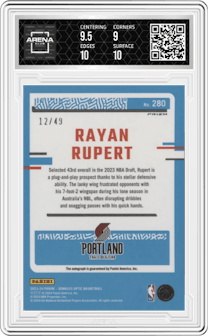 Rayan Rupert from the 2023-24 Donruss Optic set featuring a Blue parallel graded by Arena Club and given an overall grade of 9.5.
