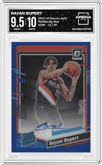 Rayan Rupert from the 2023-24 Donruss Optic set featuring a Blue parallel graded by Arena Club and given an overall grade of 9.5.