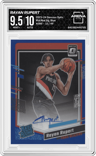Rayan Rupert from the 2023-24 Donruss Optic set featuring a Blue parallel graded by Arena Club and given an overall grade of 9.5.