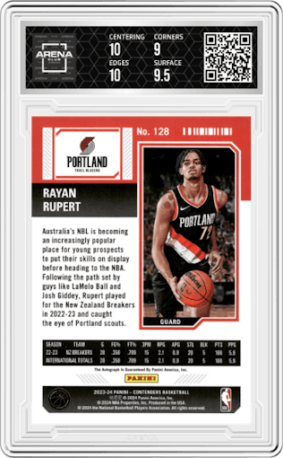 Rayan Rupert from the 2023-24 Panini Contenders set graded by Arena Club and given an overall grade of 9.5.