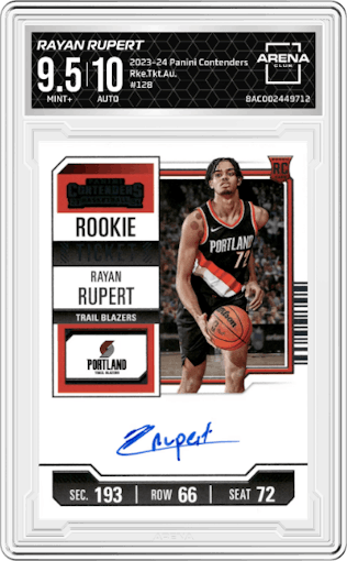 Rayan Rupert from the 2023-24 Panini Contenders set graded by Arena Club and given an overall grade of 9.5.