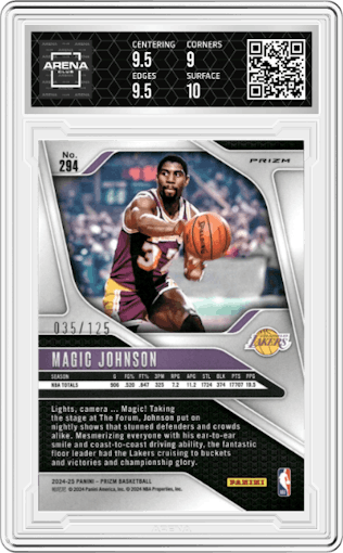 Magic Johnson from the 2024-25 Panini Prizm set featuring a Blue Ice Prizm parallel graded by Arena Club and given an overall grade of 9.5.