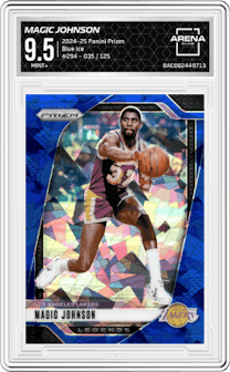 Magic Johnson from the 2024-25 Panini Prizm set featuring a Blue Ice Prizm parallel graded by Arena Club and given an overall grade of 9.5.