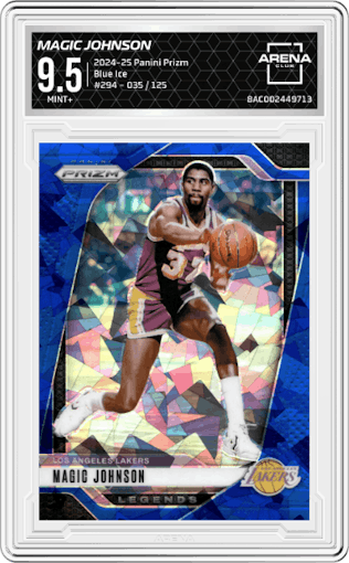 Magic Johnson from the 2024-25 Panini Prizm set featuring a Blue Ice Prizm parallel graded by Arena Club and given an overall grade of 9.5.