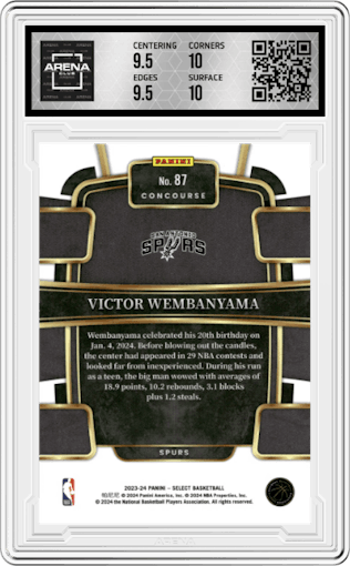 Victor Wembanyama from the 2023-24 Panini Select  set featuring a Blue Retail parallel graded by Arena Club and given an overall grade of 10.