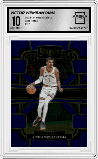 Victor Wembanyama from the 2023-24 Panini Select  set featuring a Blue Retail parallel graded by Arena Club and given an overall grade of 10.