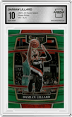 Damian Lillard from the 2021-22 Panini Select set featuring a Green Prizm parallel graded by Arena Club and given an overall grade of 10.