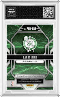 Larry Bird from the 2024-25 Panini Prizm set featuring a Gold Shimmer Prizms parallel graded by Arena Club and given an overall grade of 0.