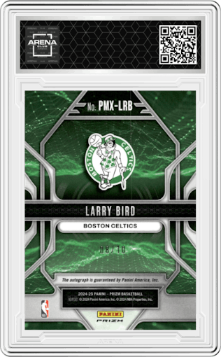 Larry Bird from the 2024-25 Panini Prizm set featuring a Gold Shimmer Prizms parallel graded by Arena Club.
