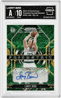 Larry Bird from the 2024-25 Panini Prizm set featuring a Gold Shimmer Prizms parallel graded by Arena Club and given an overall grade of 0.