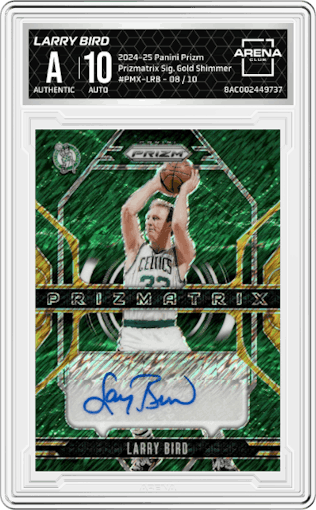 Larry Bird from the 2024-25 Panini Prizm set featuring a Gold Shimmer Prizms parallel graded by Arena Club.