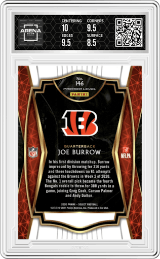 Joe Burrow from the 2020 Panini Select set graded by Arena Club and given an overall grade of 9.