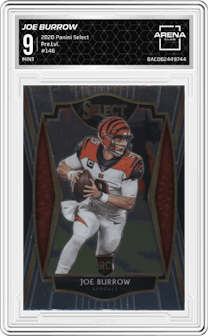 Joe Burrow from the 2020 Panini Select set graded by Arena Club and given an overall grade of 9.