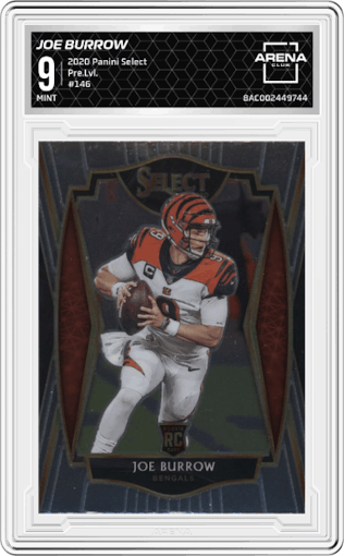 Joe Burrow from the 2020 Panini Select set graded by Arena Club and given an overall grade of 9.
