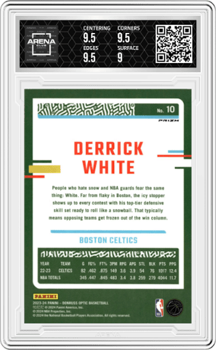 Derrick White from the 2023-24 Donruss Optic set featuring a Jazz parallel graded by Arena Club and given an overall grade of 9.5.