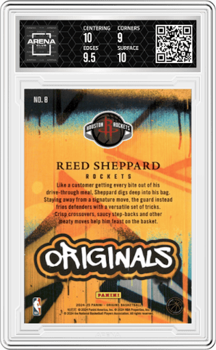 Reed Sheppard from the 2024-25 Panini Origins set graded by Arena Club and given an overall grade of 9.5.