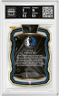 Luka Doncic from the 2020-21 Panini Select  set featuring a Silver parallel graded by Arena Club and given an overall grade of 9.5.