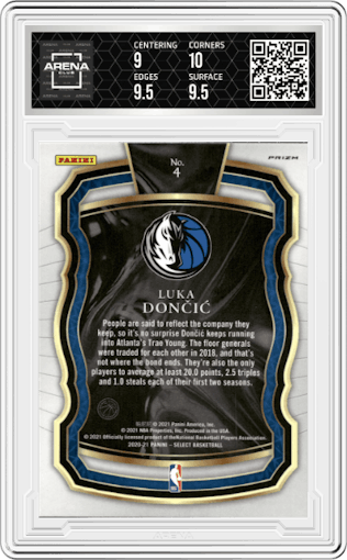 Luka Doncic from the 2020-21 Panini Select  set featuring a Silver parallel graded by Arena Club and given an overall grade of 9.5.