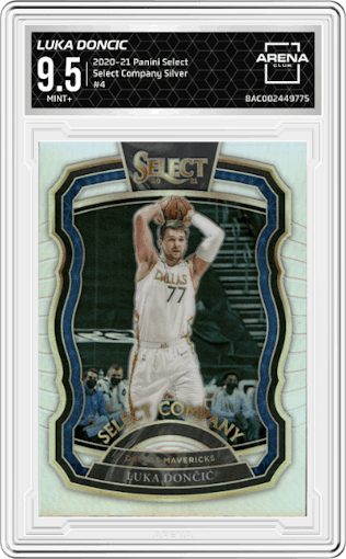 Luka Doncic from the 2020-21 Panini Select  set featuring a Silver parallel graded by Arena Club and given an overall grade of 9.5.