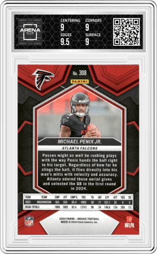 Michael Penix Jr. from the 2024 Panini Mosaic set graded by Arena Club and given an overall grade of 9.