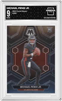 Michael Penix Jr. from the 2024 Panini Mosaic set graded by Arena Club and given an overall grade of 9.