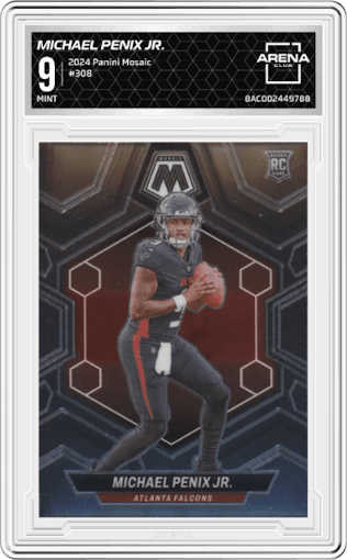 Michael Penix Jr. from the 2024 Panini Mosaic set graded by Arena Club and given an overall grade of 9.