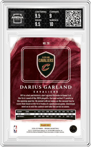 Darius Garland from the 2024-25 Panini Origins set featuring a Tessellated parallel graded by Arena Club and given an overall grade of 9.5.