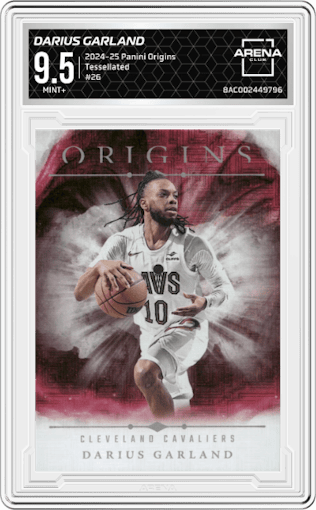 Darius Garland from the 2024-25 Panini Origins set featuring a Tessellated parallel graded by Arena Club and given an overall grade of 9.5.