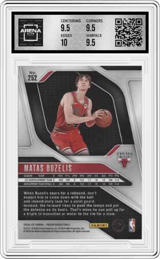 Matas Buzelis from the 2024-25 Panini Prizm set graded by Arena Club and given an overall grade of 10.