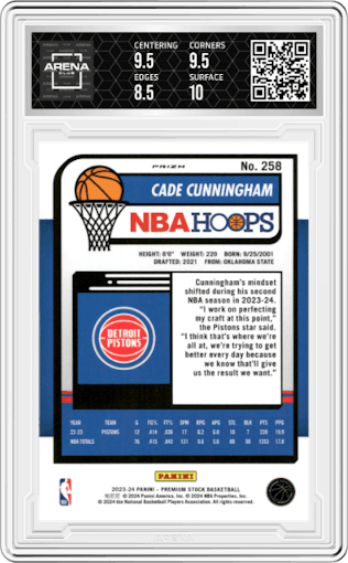 Cade Cunningham from the 2023-24 Panini Hoops Premium Stock set featuring a Multi Wave parallel graded by Arena Club and given an overall grade of 9.