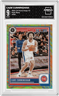 Cade Cunningham from the 2023-24 Panini Hoops Premium Stock set featuring a Multi Wave parallel graded by Arena Club and given an overall grade of 9.