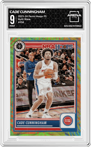 Cade Cunningham from the 2023-24 Panini Hoops Premium Stock set featuring a Multi Wave parallel graded by Arena Club and given an overall grade of 9.
