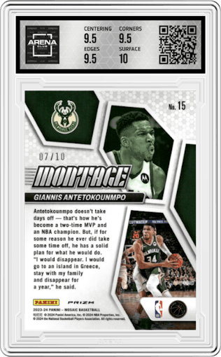 Giannis Antetokounmpo from the 2023-24 Panini Mosaic set featuring a Gold parallel graded by Arena Club and given an overall grade of 10.