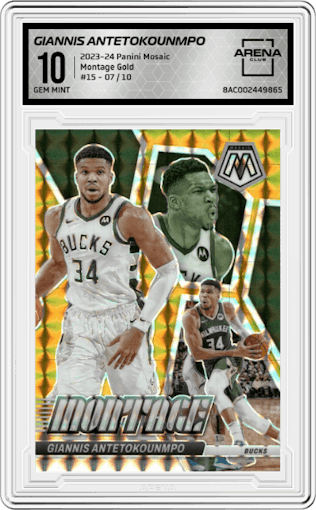 Giannis Antetokounmpo from the 2023-24 Panini Mosaic set featuring a Gold parallel graded by Arena Club and given an overall grade of 10.