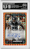 Richard Sherman from the 2024 Topps Chrome set featuring a Orange Geometric Refractor parallel graded by Arena Club and given an overall grade of 9.5.