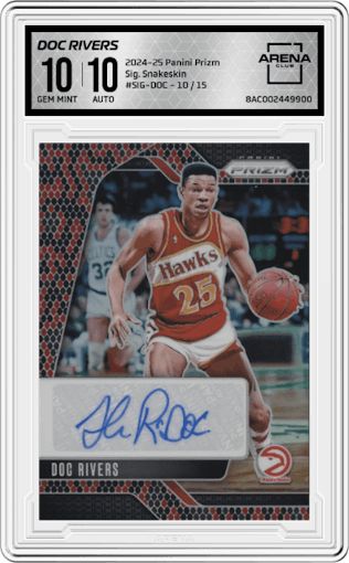 Doc Rivers from the 2024-25 Panini Prizm set featuring a Snakeskin Prizm parallel graded by Arena Club and given an overall grade of 10.
