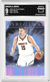 Nikola Jokic from the 2024-25 Panini Origins set featuring a Neon Stripes parallel graded by Arena Club and given an overall grade of 9.