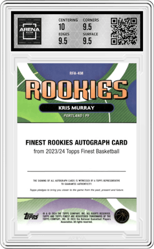 Kris Murray from the 2023-24 Finest set featuring a Blue Geometric Refractor parallel graded by Arena Club and given an overall grade of 10.