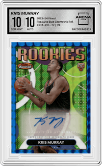 Kris Murray from the 2023-24 Finest set featuring a Blue Geometric Refractor parallel graded by Arena Club and given an overall grade of 10.