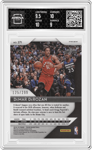 DeMar DeRozan from the 2018-19 Panini Prizm set featuring a Red Prizm parallel graded by Arena Club and given an overall grade of 9.5.