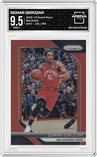DeMar DeRozan from the 2018-19 Panini Prizm set featuring a Red Prizm parallel graded by Arena Club and given an overall grade of 9.5.