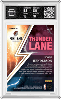 Scoot Henderson from the 2023-24 Panini Select  set featuring a Red Flash parallel graded by Arena Club and given an overall grade of 9.