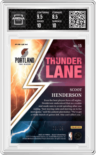 Scoot Henderson from the 2023-24 Panini Select  set featuring a Red Flash parallel graded by Arena Club and given an overall grade of 9.