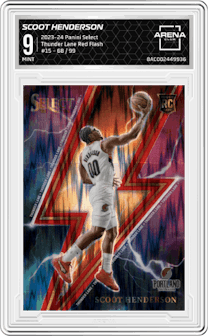 Scoot Henderson from the 2023-24 Panini Select  set featuring a Red Flash parallel graded by Arena Club and given an overall grade of 9.