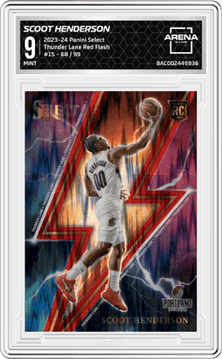 Scoot Henderson from the 2023-24 Panini Select  set featuring a Red Flash parallel graded by Arena Club and given an overall grade of 9.