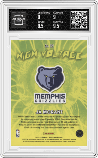 Ja Morant from the 2021-22 Panini NBA Hoops set graded by Arena Club and given an overall grade of 9.5.