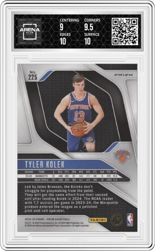 Tyler Kolek from the 2024-25 Panini Prizm set featuring a Hyper Prizm parallel graded by Arena Club and given an overall grade of 9.5.