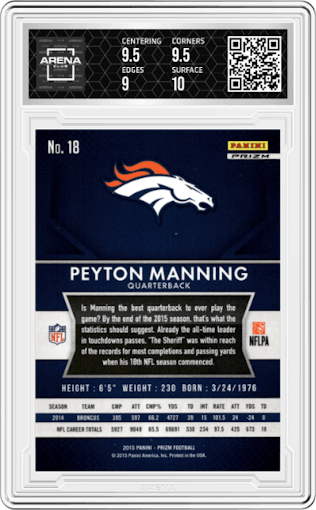Peyton Manning from the 2015 Panini Prizm set featuring a Red Prizm parallel graded by Arena Club and given an overall grade of 9.5.